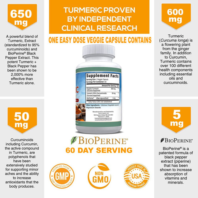 Live It Love It Turmeric Capsules W/Bioperine, for Promotes Joint Health & Overall Wellbeing 60 Caps