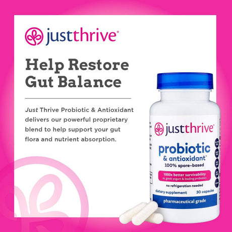 Just Thrive: Probiotic & Antioxidant - Vegan Proprietary Probiotic Blend - 30-Day Supply - 100-Percent Spore-Based Probiotic - 1000X Survivability - Supports Immune and Digestive Health - No Gluten