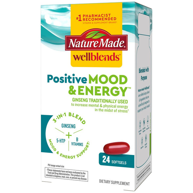 Nature Made Wellblends Positive Mood & Energy Softgels, 5HTP, B Vitamins, Vitamin B12, Ginseng, 24 Count