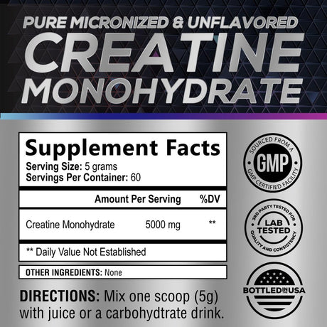 Pure Creatine 5000Mg (5G) - Micronized Creatine Monohydrate Powder Unflavored, Keto Friendly - Creatine Pre Workout, Supports Muscle Building & Strength, Vegan, Keto, Gluten-Free - 60 Servings