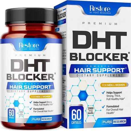 Pure Research DHT Blocker Hair Growth Support Supplement - Supports Healthy Hair Growth, Healthy Thick Strong Hair - Biotin, Saw Palmetto, Iron + - Hair Vitamins for Women and Men - Low Loss Capsules