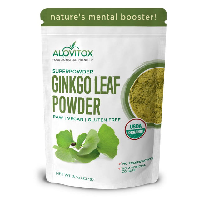 Alovitox Ginkgo Biloba Organic Leaf Powder | Supports Aging, Memory, Focus, Mood Stability, Concentration – Pure 100% Natural, Vegan, Non GMO & USDA Certified 8 Oz