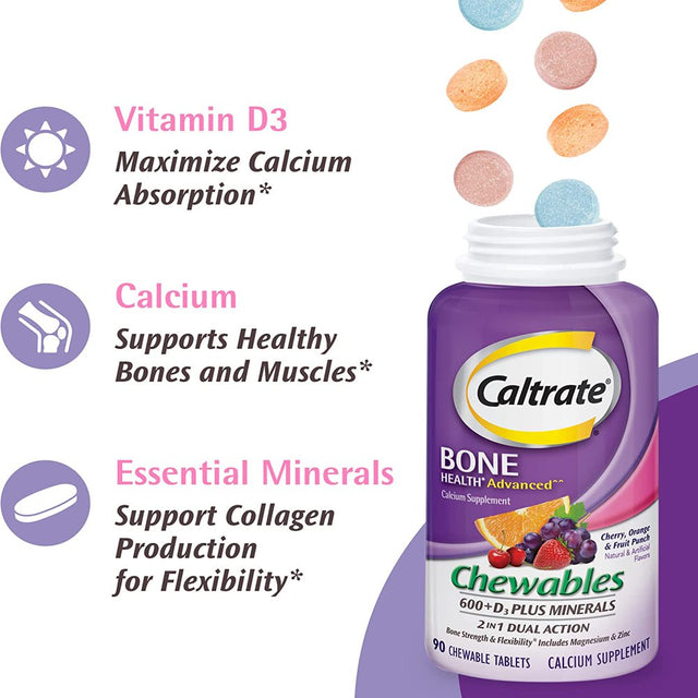 Caltrate Chewables 600 plus D3 plus Minerals Calcium Vitamin D Supplement, Cherry, Orange and Fruit Punch - 90 Count