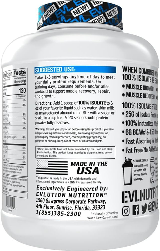 Evlution Nutrition 100% Isolate, Whey Isolate Protein Powder, 25 G of Fast Absorbing Protein, No Sugar Added, Low-Carb, Gluten-Free (Double Rich Chocolate, 5 LB)