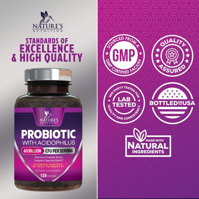 Probiotics, 60 Billion CFU per Serving, Probiotic with Prebiotics for Digestive & Immune Health Support for Women & Men - Nature'S Supplement Is Shelf Stable, Soy, Dairy & Gluten Free - 120 Capsules