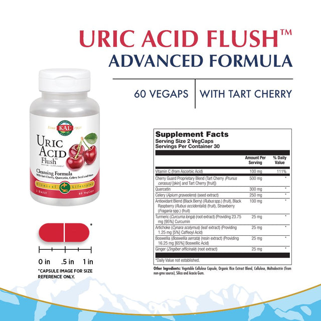 KAL Uric Acid Flush | Tart Cherry Blend, Celery Seed & More for Healthy Joint Comfort Support | 30 Servings | 60 Vegcaps