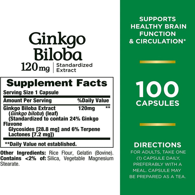 Nature’S Bounty Ginkgo Biloba Capsules 120Mg, Memory Support Supplement, Supports Brain Function and Mental Alertness, 100 Capsules