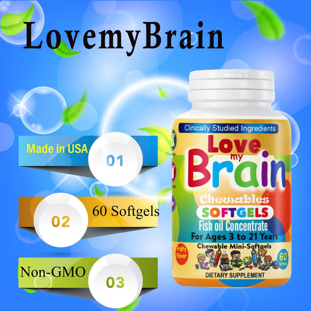 Love My Brain Kids Brain Focus Chewable Mini-Softgel, with DHA, EPA & Fish Oil Omega 3 6 9, Support Focus, Memory and Attention Kids & Teens- 60Ct