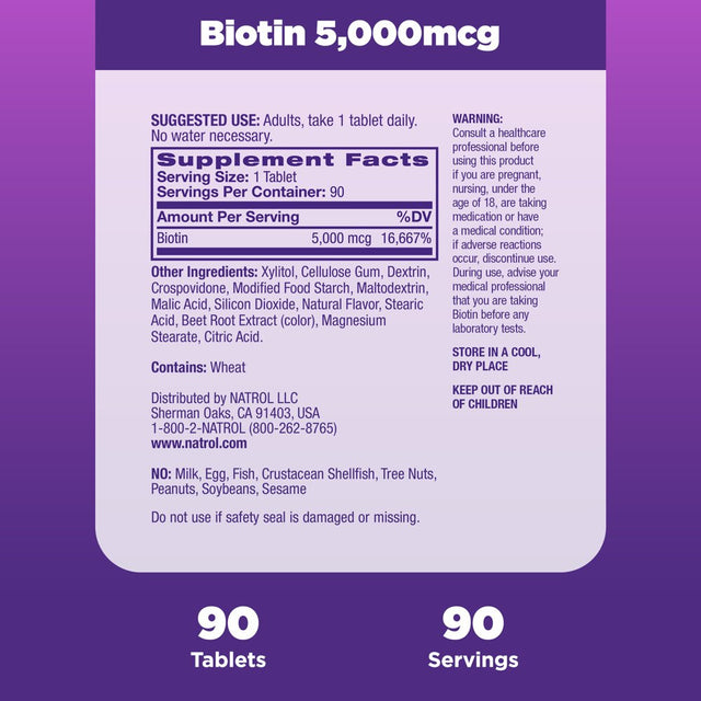 Natrol Biotin Beauty Tablets, Promotes Healthy Hair, Skin and Nails, 5000 Mcg, 90 Count