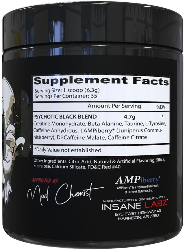 Insane Labz Psychotic Black Edition Mid Stimulant Pre Workout Powder, Energy Focus Pumps, Loaded with Creatine Beta Alanine Taurine Fueled by Ampiberry, 35 Servings Fruit Punch