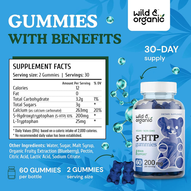 Wild & Organic 5-HTP Gummies - 5-HTP Supplement Formula for Sleep & Mood Support Supplement - 5-Htp Gummy Melatonin - 5-Htp 200Mg 60 Chews, Blueberry Flavor