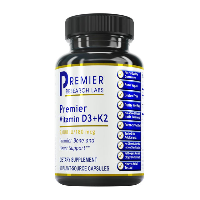 Premier Research Labs Vitamin D3+K2 - Supports Bone & Heart Health - Vegan, Gluten-Free - 30 Plant-Source Capsules