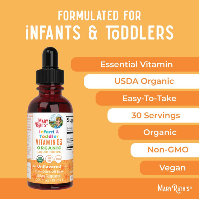 Maryruth Organics | Organic Infant and Toddler Vitamin D3 Liquid Drops | Vegan, Gluten Free, Non-Gmo | 90-150 Servings