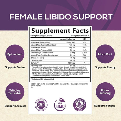 Libido Booster for Women - Female Libido Support Supplement - Women Vitamins Formula Supports Energy - Maca Root, Panax Ginseng, Tribulus Terrestris, Ashwagandha & More - 120 Veggie Capsules