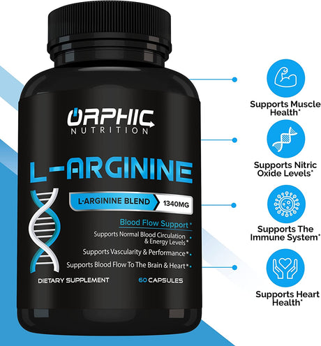 ORPHIC NUTRITION Extra Strength L Arginine - Nitric Oxide Supplement to Support Muscle Health, Exercise Performance and Endurance, Vascularity, Heart Health, Energy Levels* - 60 Caps