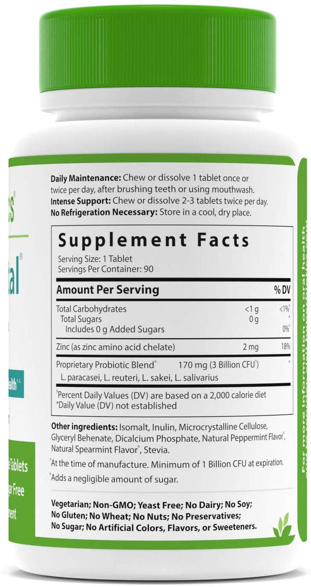 Hyperbiotics Pro-Dental W/ 4 Targeted Strains & Chelated Zinc - Clinically Studied for Oral Health - Natural Mint Flavor - 90 Livebac Chewable Tablets