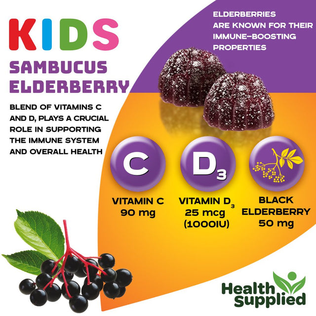 Health Supplied Sambucus Black Elderberry Gummies for Kids | Triple Immune Support | Elderberry plus Vitamin C & D