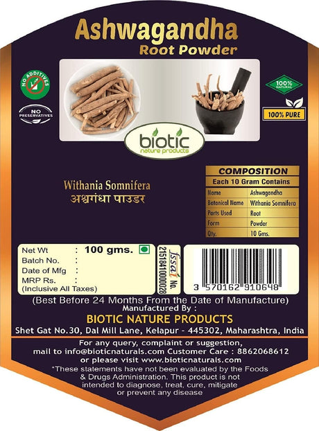 Biotic Natural Ashwagandha Powder/Aswagandha Powder - 100Gm