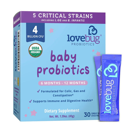 Lovebug Probiotics Award Winning USDA Organic Probiotic for Babies, 6-12 Months, 30 Packets