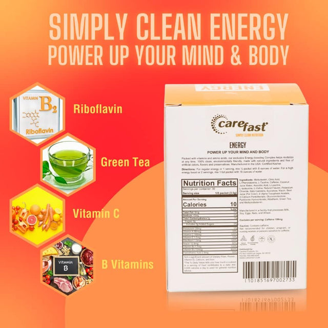 Carefast Natural Energy Powder Drink Mix - Tropical Punch - 15 Servings - Sugar Free Keto Electrolyte Packets with Caffeine, Vitamins & Minerals, Amino Acids. Promotes Focus & Healthy Endurance Boost