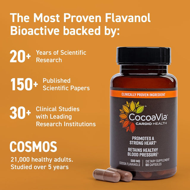 Cocoavia Cardio Health Supplement, 30 Day, 500Mg Cocoa Flavanols, Support Heart Health, Boost Nitric Oxide, Blood Circulation, Energy, Vegan, Dark Chocolate, 60 Capsules