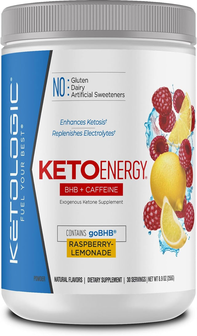 Ketologic BHB Ketoenergy Exogenous Ketones Powder with Caffeine | Raspberry Lemonade - 30 Serve | Supports Low Carb, Keto Diet & Boosts Energy, Focus | Keto Pre-Workout Supplement, Beta-Hydroxybutyra