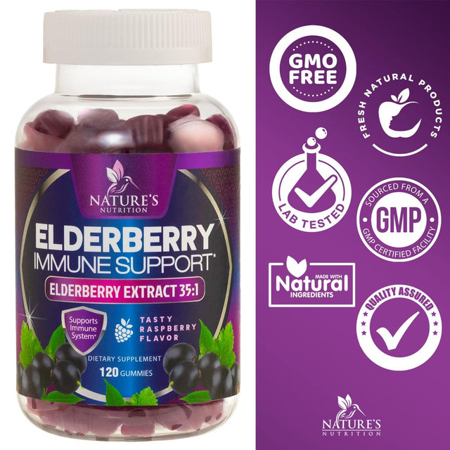 Nature’S Sambucus Elderberry Gummies, Immune Support for Kids and Adults, Max 35:1 Extract, Equivalent to 4200Mg of Elderberries, Black Elderberry Vitamin Supplement, Vegan, Non-Gmo - 120 Gummies