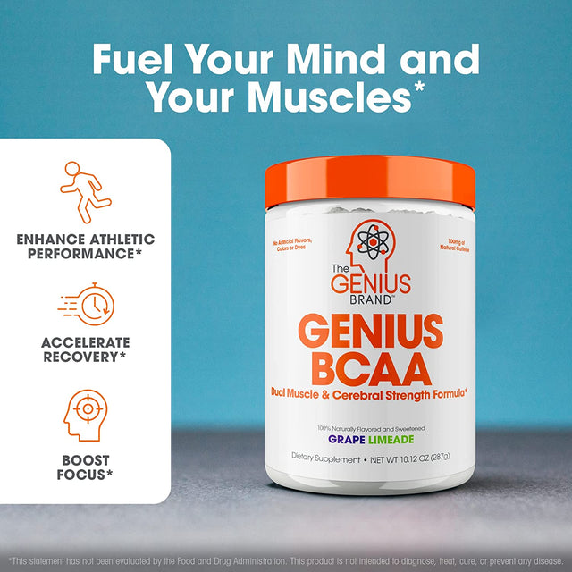 Genius BCAA Energy Powder, Grape Limeade - Nootropic Amino Acids & Muscle Recovery - Natural Vegan Bcaas Workout Supplement for Women & Men (Pre, Intra & Post Workout) - No Artificial Sweeteners