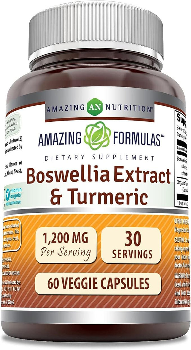 Amazing Formulas Boswellia Extract & Turmeric 1200Mg (60 Count) per Serving Veggie Capsules - Supports Muscle, Joint & Connective Tissue Health, Heart & Digestive Function, Inflammation Response*