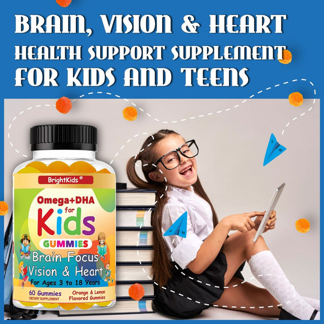 Brightkids Brain Focus, Vision & Heart Health Formula, Omega 3 Gummies +DHA, Support Focus Attention Memory Cognition Focus Formula for Kids 60 Gummies