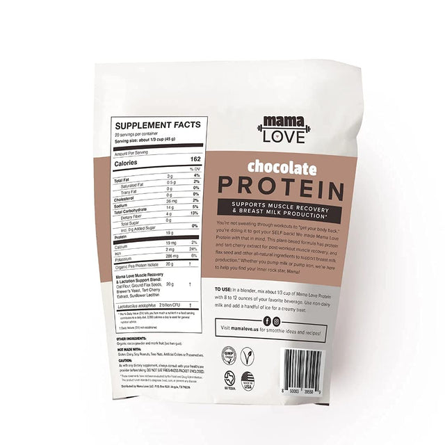 Mama Love Chocolate Protein for Muscles & Milk | Unsweetened | Supports Muscle Recovery & Breast Milk Supply in Moms | Plant Based | Vegan | Organic Ingredients | Probiotics | 20 Servings