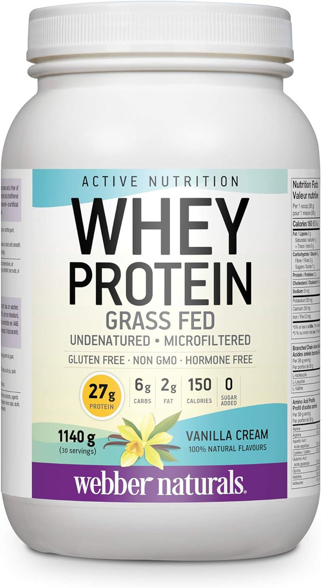 Webber Naturals Whey Protein Powder, Grass Fed, Vanilla Cream Flavour, 30 Servings, 27 G of Protein, 1140 G