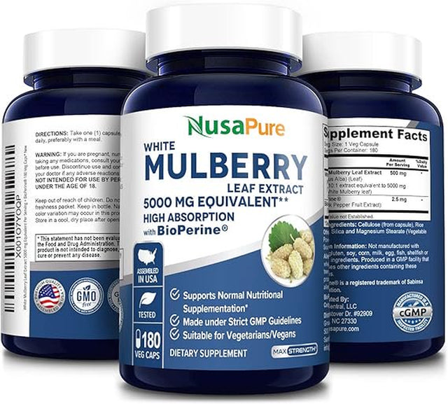 Nusapure 5,000Mg White Mulberry Leaf Extract 180 Veggie Caps with Bioperine, a Vegetarian Dietary Supplement Promoting Adult Wellness, Better Health, and a Unisex Approach