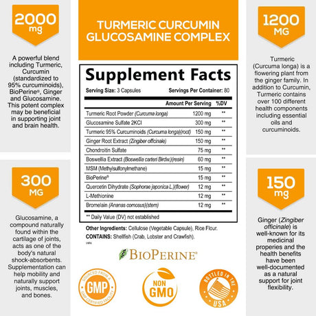 Turmeric Curcumin with Bioperine, Ginger & Glucosamine 95% Curcuminoids 2000Mg - Black Pepper for Max Absorption, Joint Support, Nature'S Tumeric Extract Supplement, Non-Gmo - 240 Capsules