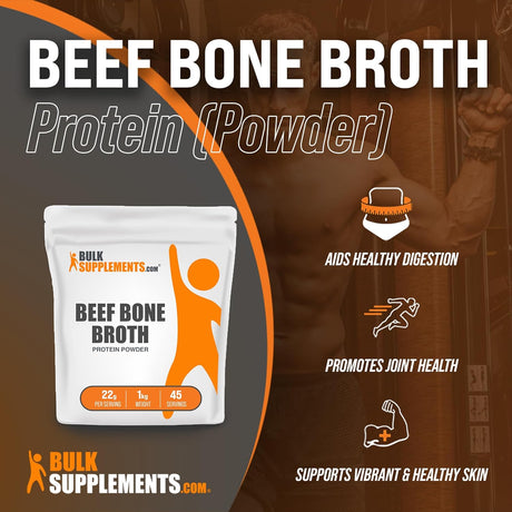 BULKSUPPLEMENTS.COM Beef Bone Broth Protein Powder - Unflavored, Gluten Free, Dairy Free, Protein Powder - 18G of Protein - 22G per Serving, 11 Servings (1 Kilogram - 2.2 Lbs)