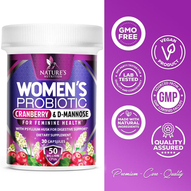 Probiotics for Women with Prebiotics & Cranberry, 50 Billion CFU, Vaginal Women'S Probiotic for Immune & Digestive Health, D-Mannose for Urinary Health, Shelf Stable, No Soy Gluten Dairy - 30 Capsules