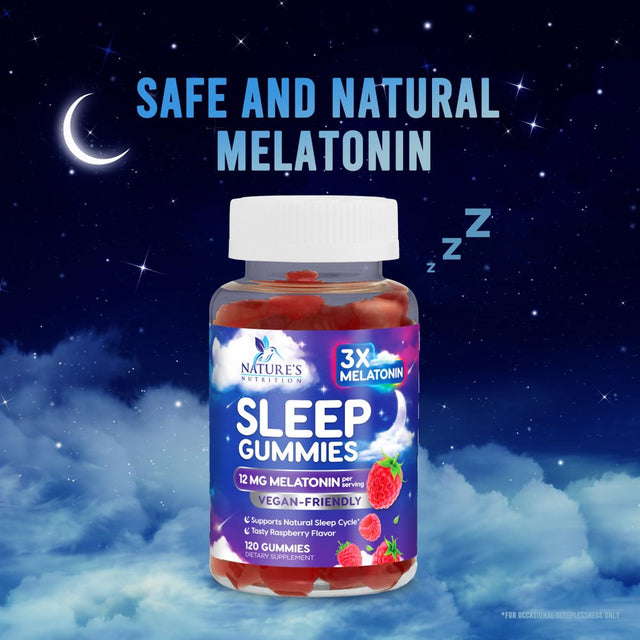 Sleep Melatonin Gummies, Extra Strength Natural Melatonin Gummy 12Mg, Nature'S Berry Flavor, Sleep Support Vitamin Supplement for Adults, Non-Gmo, Vegan - 120 Sleep Gummies, 60 Day Supply