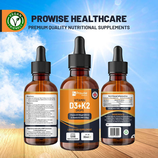 Vitamin D3 4000Iu + K2 MK7 25Μg I Orange Liquid Drops I High Strength 4000Iu D3 + 25Μg K2- 30Ml Bottle I Fast Absorption I 1200 Vegetarian Drops - Made in UK by Prowise Healthcare