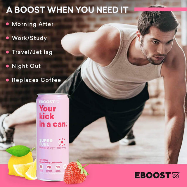 EBOOST Super Fuel Natural Nootropic Energy Drink | Electrolytes + Vitamins (B12) + Milk Thistle | Sports Preworkout Drink, Healthy Mixer, Travel, Work/Study (12 Fl Oz, 24 Pack) (Strawberry Lemonade)