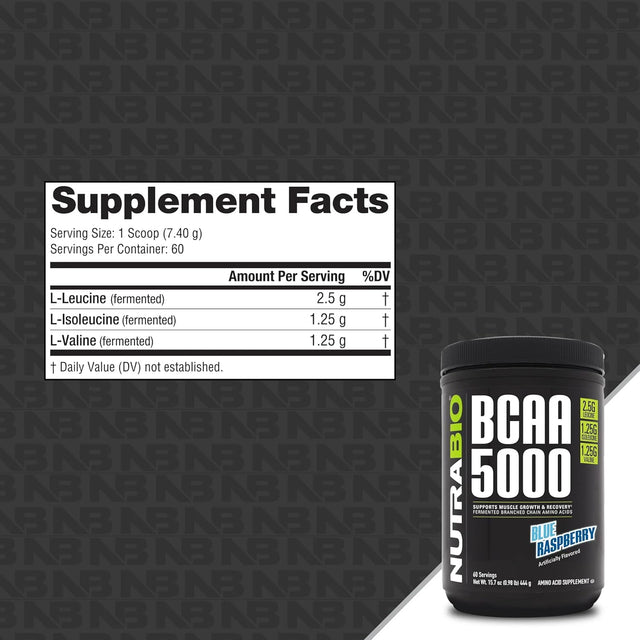 Nutrabio BCAA 5000 Powder - Vegan Fermented Bcaas - Supports Lean Muscle Growth, Recovery, Endurance - Zero Fat, Sugar, and Carbs - 60 Servings - Blue Raspberry