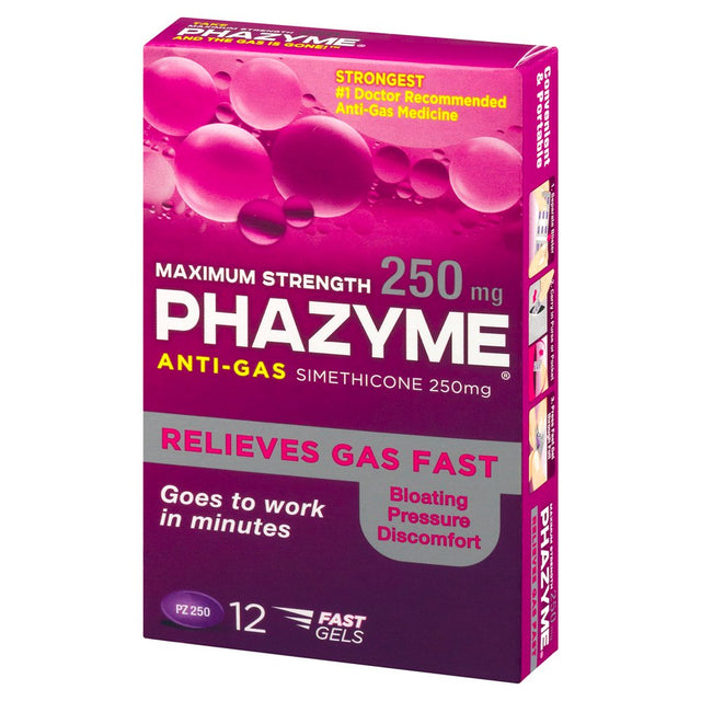 Phazyme Maximum Strength Gas & Bloating Relief, Works in Minutes, 12 Fast Gels