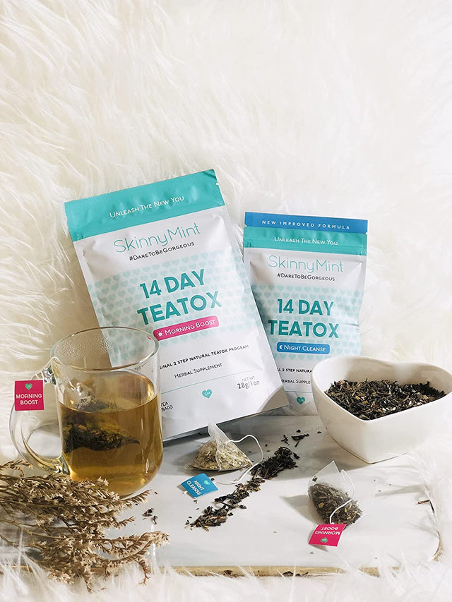 Skinnymint Detox Tea 14 Day Kit- Ultimate Teatox Program- All Natural Morning Boost and Night Cleanse Detox Tea- Helps Alleviate Bloating and Boost Energy