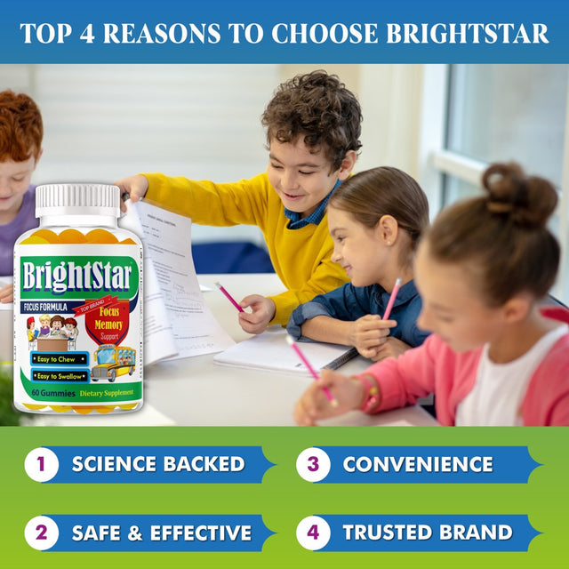 Brightstar Brain Focus Vitamins for Kids & Teens, Brain Support Gummy Vitamins, Focus Boost Gummies Kids Vitamin Gummies, Omega 3 for Kids, Brain Booster Supplement- 60Ct