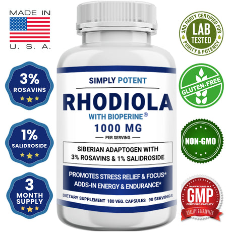 Siberian Rhodiola Rosea Capsules, Max Absorption Rhodiola 1000Mg 180 Pills with 10Mg Bioperine, Rhodiola Root Powder Extract Supplement W 3% Rosavins & 1% Salidroside for Stress Relief, Mood & Energy