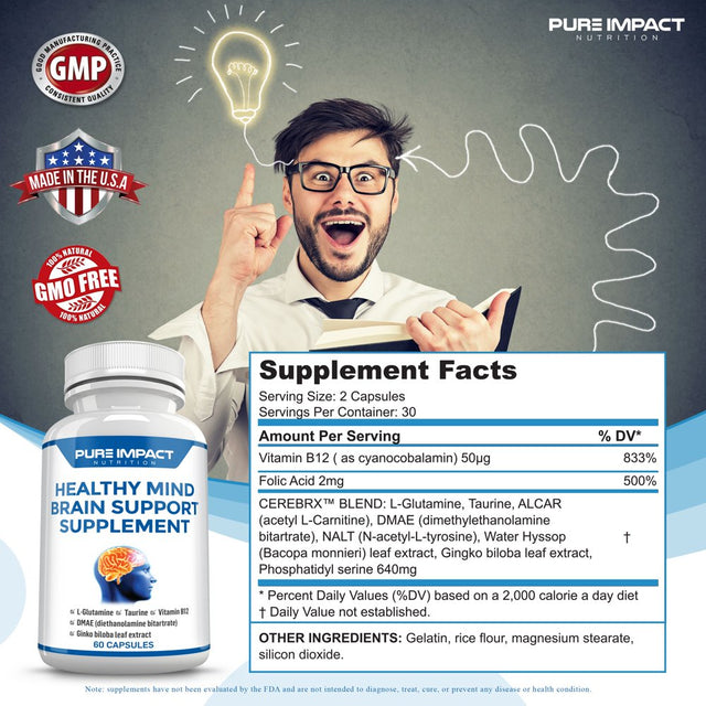 Pure Impact Nutrition Brain Supplement | Vitamin B-12 Supplement | 60 Capsules Brain Booster