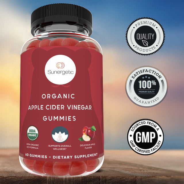 Sunergetic USDA Organic Apple Cider Vinegar Gummies with the Mother – Organic ACV Gummies to Support Overall Wellness – Certified Organic, Non-Gmo & Vegan - 60 Apple Cider Vinegar Gummies