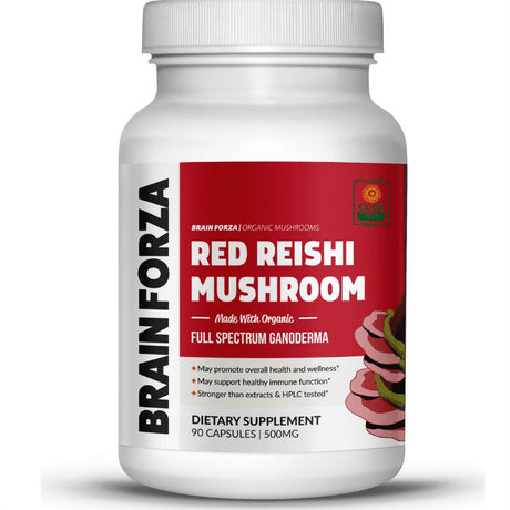 Brain Forza Organic Red Reishi Mushroom Capsules - Adaptogen for Mushroom Powdered Natural Immune Support, Heart and Cardiovascular System Health, Stamina, and Stress Management, 90 Capsules