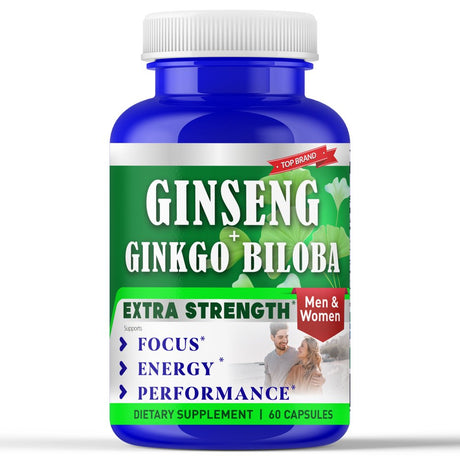 Ginkgo Biloba + Ginseng Brain Supplements for Memory and Focus, Energy Support for Adults & Seniors, Energy & Performance Booster Vitamins for Adults 60 Pills