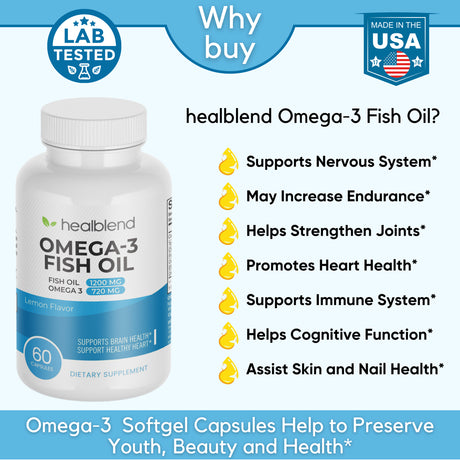 Healblend Premium Omega 3 Fish Oil Supplements with EPA & DHA - High Potency Promotes Brain & Heart Health, Lemon Flavor, One-A-Day - 60 Soft Gels