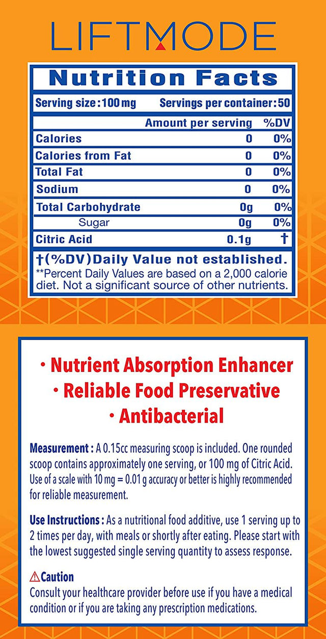 Liftmode Citric Acid (Anhydrous) Natural Food Additive - Enhances Flavor, Increases Mineral Absorption & Promotes Kidney Health | Vegetarian, Vegan, Non-Gmo, Gluten Free - 5 Grams (50 Servings)